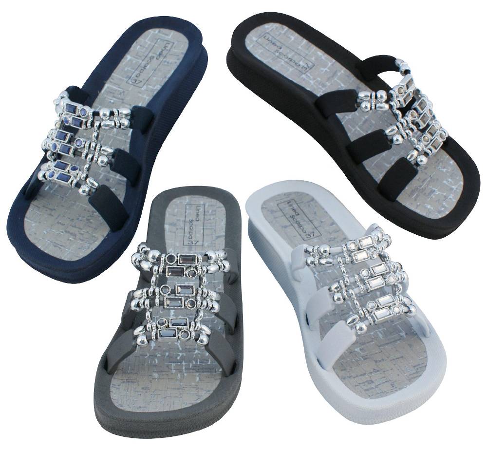 Beachandstreet Linea Scarpa Badeschuhe Damen • Naxos • Badepantolette mit dekorativen Ziersteinen für Frauen Schlussverkauf