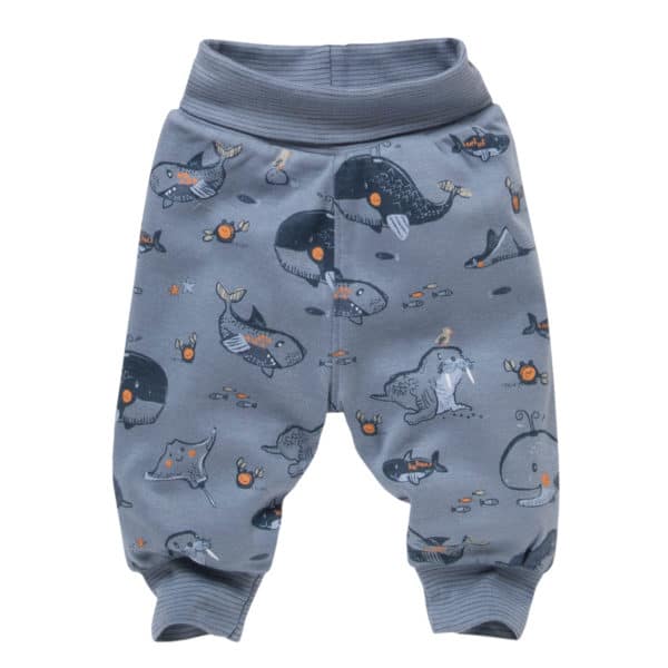 Pololo People Wear Organic Wendehose ozeanblau und weiß mit Tieren aus dem Meer , aus Bio-Baumwolle Bestseller