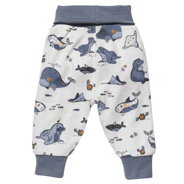 Pololo People Wear Organic Wendehose ozeanblau und weiß mit Tieren aus dem Meer , aus Bio-Baumwolle Bestseller