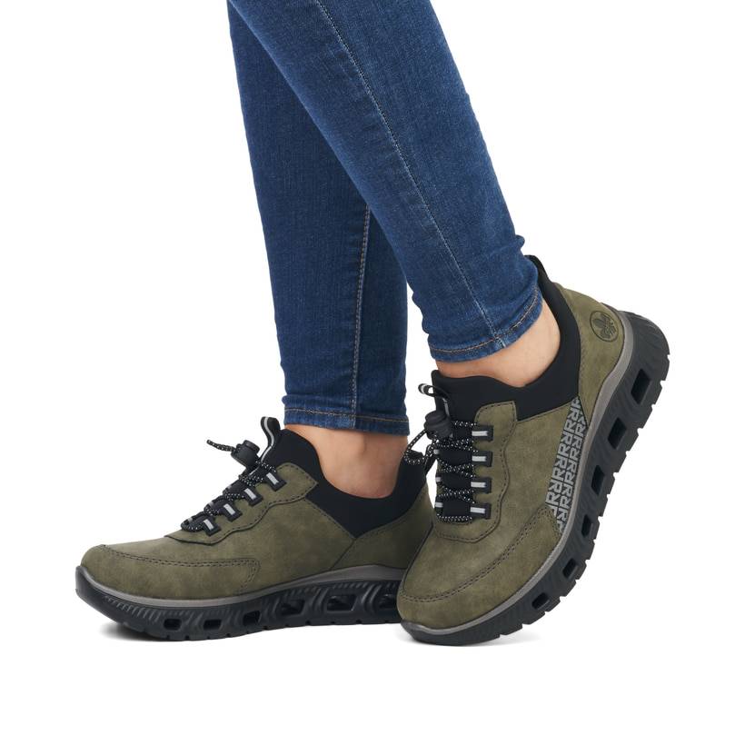 Rieker Artikelnummer M6058-54 Rieker Damen Slipper khaki-schwarz Fabrikladen