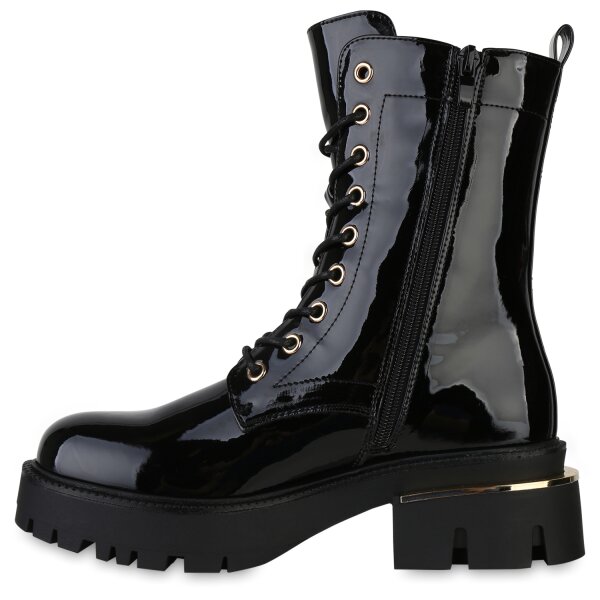 Stiefelparadies Damen Plateau Boots in Schwarz Lack