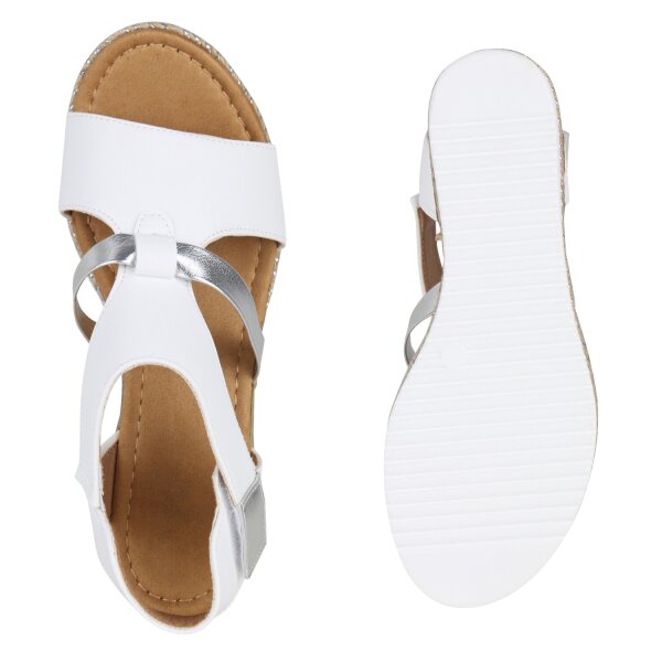 Stiefelparadies Damen Keilsandaletten in Weiss Silber Metallic zollfrei