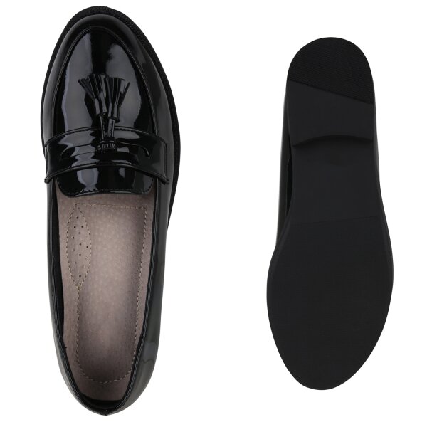 Stiefelparadies Damen Klassische Slippers in Schwarz Lack Günstiger Verkauf