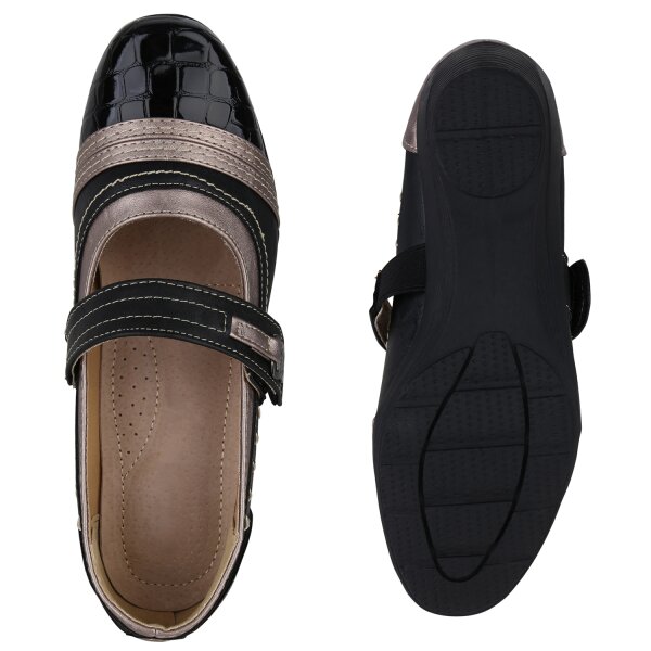Stiefelparadies Damen Mary Janes in Schwarz Grau Lack Metallic Großer Ausverkauf