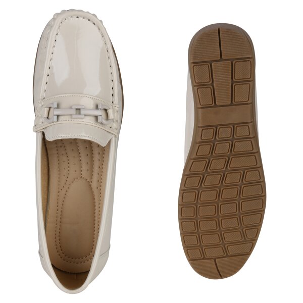 Stiefelparadies Damen Mokassins in Beige Lack Saisonschlussverkauf
