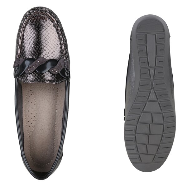 Stiefelparadies Damen Mokassins in Grau Silber Lack Black Friday