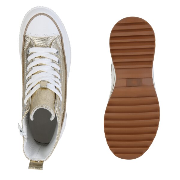 Stiefelparadies Damen Plateau Sneaker in Gold Nur noch ein Tag übrig