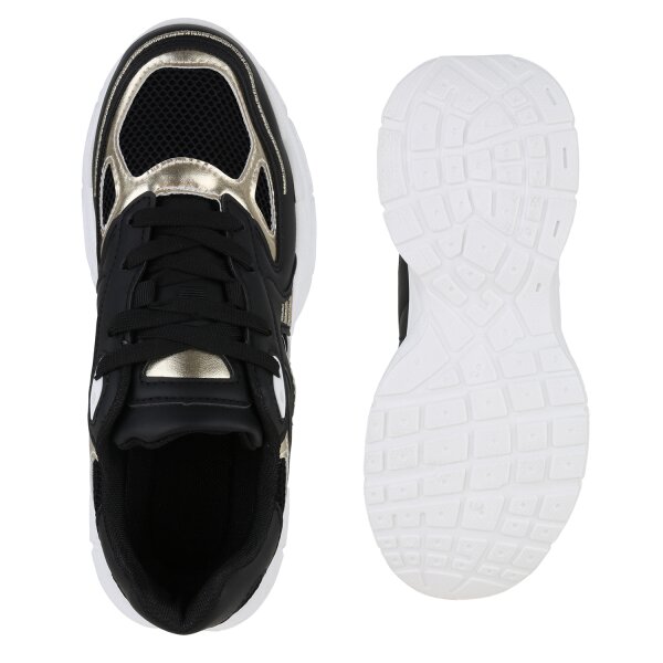 Stiefelparadies Damen Plateau Sneaker in Schwarz Gold Metallic Fabrikladen