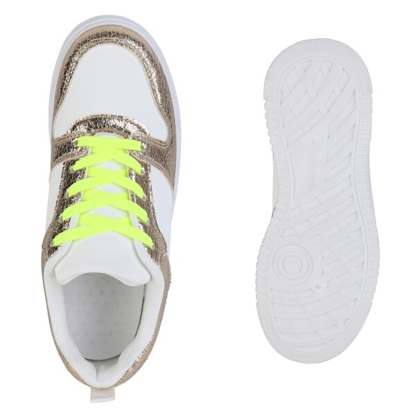 Stiefelparadies Damen Plateau Sneaker in Weiss Gold Snake Speichern exportieren