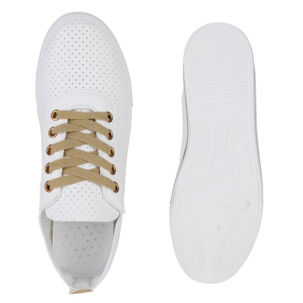 Stiefelparadies Damen Sneaker Low in Weiss Gold Neuheiten
