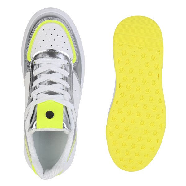 Stiefelparadies Damen Sneaker Low in Weiss Silber Metallic Bestseller