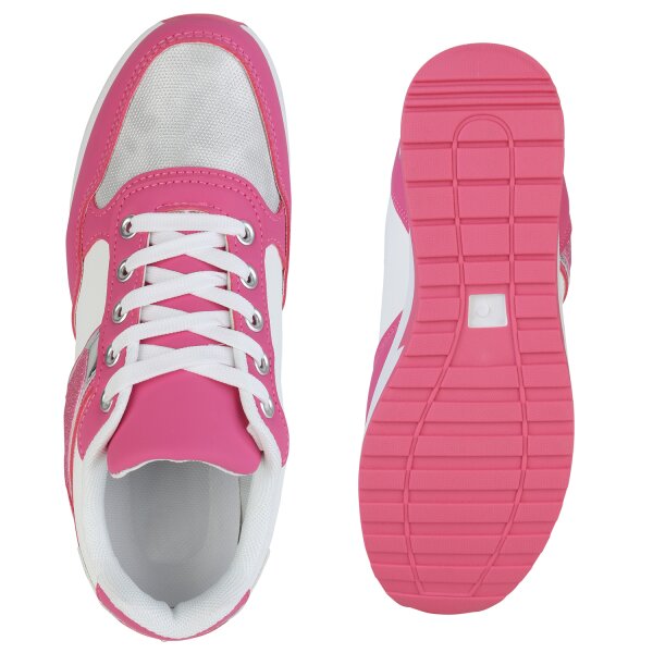 Stiefelparadies Damen Sneaker Wedges in Fuchsia Silber Metallic Räumungsverkauf
