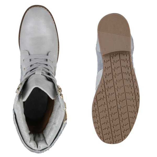 Stiefelparadies Damen Schnürstiefeletten in Silber Nur noch ein Tag übrig