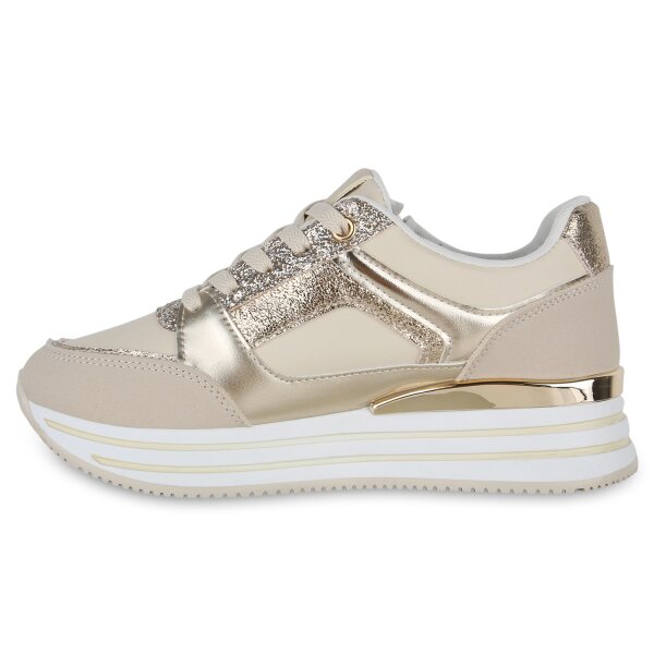 Stiefelparadies Damen Plateau Sneaker in Beige Gold Metallic Kostenloser Versand international