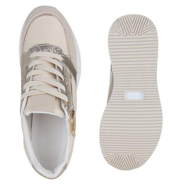 Stiefelparadies Damen Plateau Sneaker in Beige Gold Metallic Kostenloser Versand international