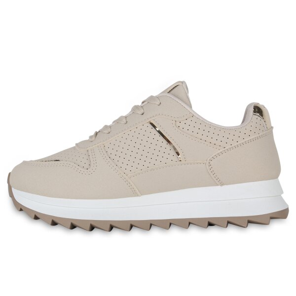 Stiefelparadies Damen Plateau Sneaker in Beige Gold Metallic Fabrikladen