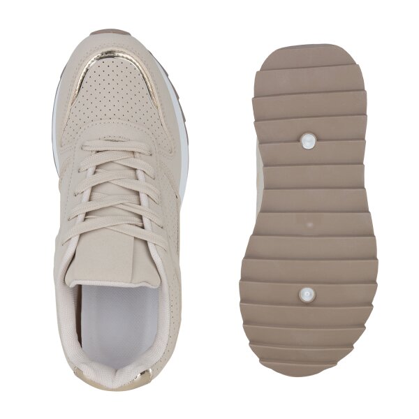 Stiefelparadies Damen Plateau Sneaker in Beige Gold Metallic Fabrikladen