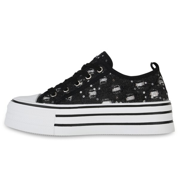 Stiefelparadies Damen Plateau Sneaker in Schwarz Denim