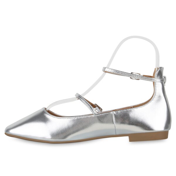 Stiefelparadies Damen Riemchenballerinas in Silber Schlussverkauf