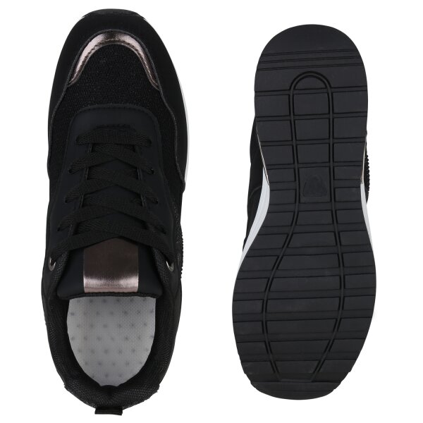 Stiefelparadies Damen Sneaker Wedges in Schwarz Grau Metallic Zeitlich begrenztes Angebot