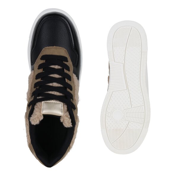 Stiefelparadies Damen Plateau Sneaker in Schwarz Beige Gold Metallic Letzte 3 Tage