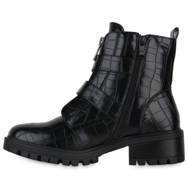 Stiefelparadies Damen Biker Boots in Schwarz Kroko Outlet