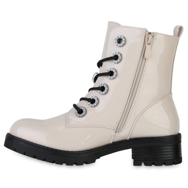 Stiefelparadies Damen Schnürstiefeletten in Beige Lack Blitzangebot