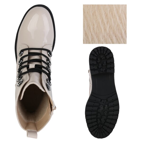 Stiefelparadies Damen Schnürstiefeletten in Beige Lack Blitzangebot