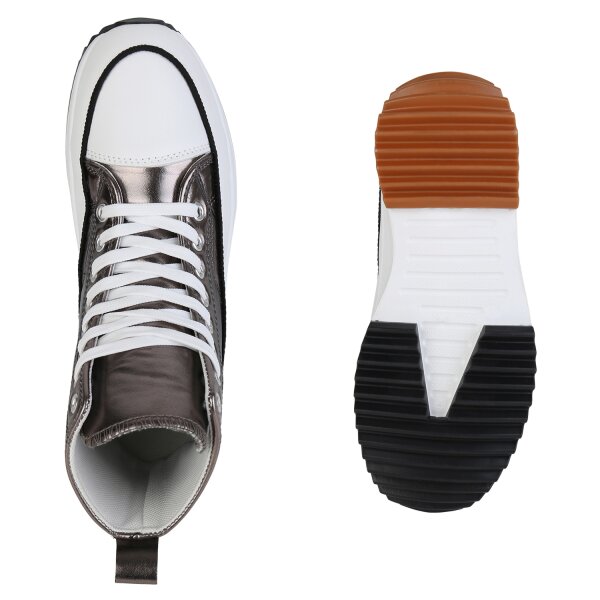Stiefelparadies Damen Plateau Sneaker in Grau Metallic JETZT KAUFEN