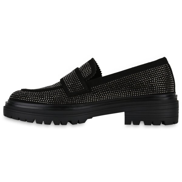 Stiefelparadies Damen Klassische Slippers in Schwarz Velours Nur für heute