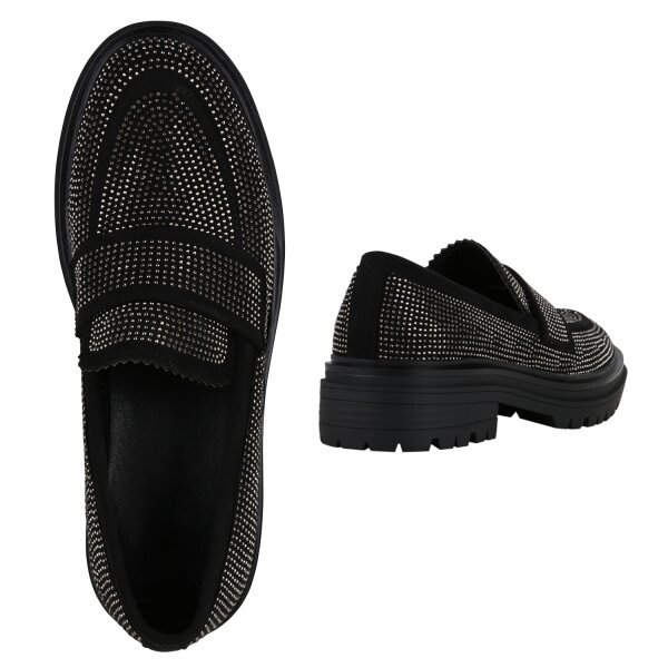 Stiefelparadies Damen Klassische Slippers in Schwarz Velours Nur für heute
