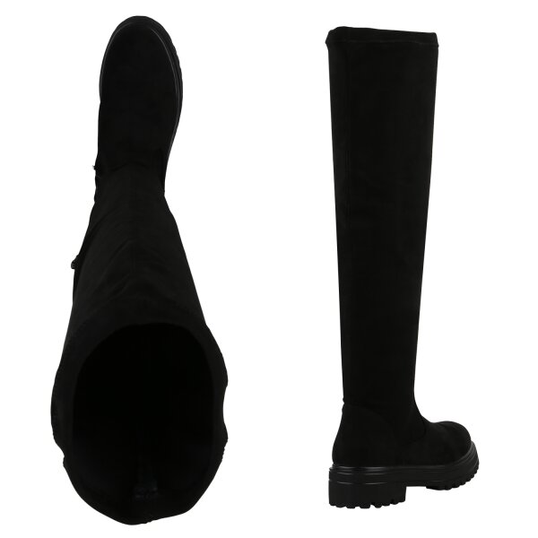 Stiefelparadies Damen Overknees in Schwarz Velours Nur noch ein Tag übrig