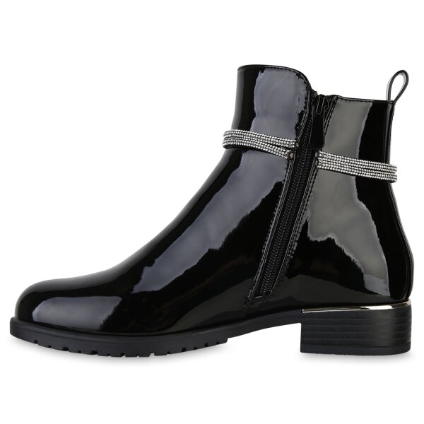 Stiefelparadies Damen Klassische Stiefeletten in Schwarz PU Lack Black Friday Preise