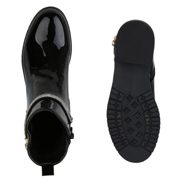 Stiefelparadies Damen Klassische Stiefeletten in Schwarz PU Lack Black Friday Preise