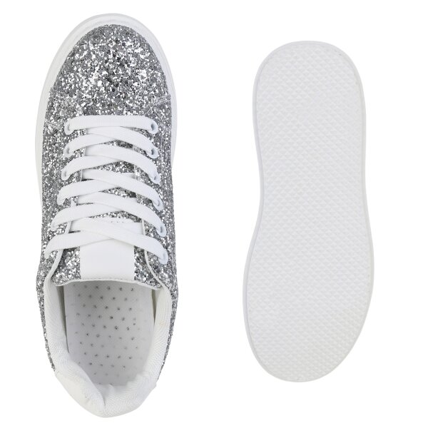 Stiefelparadies Damen Plateau Sneaker in Silber zollfrei