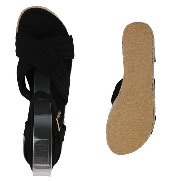 Stiefelparadies Damen Plateau Sandaletten in Schwarz Velours Kostenloser Versand