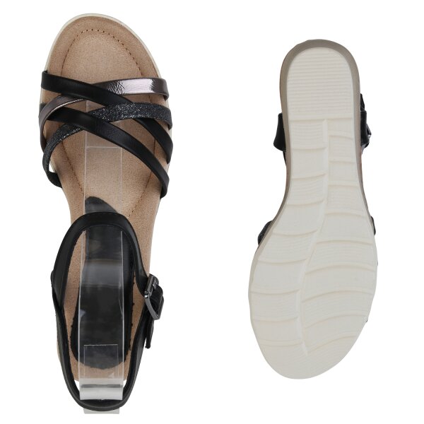 Stiefelparadies Damen Keilsandaletten in Schwarz Silber Metallic Bis zu 50% Rabatt