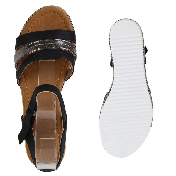 Stiefelparadies Damen Keilsandaletten in Schwarz Grau Metallic Bis zu 55% Rabatt