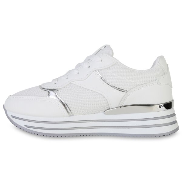 Stiefelparadies Damen Plateau Sneaker in Weiss Silber Metallic im Angebot