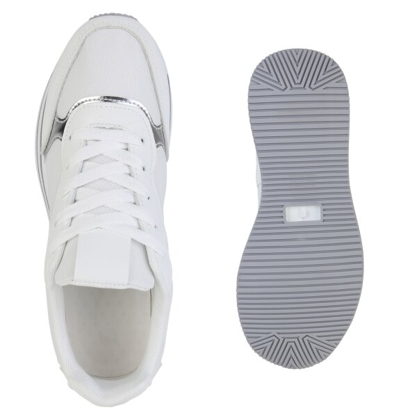 Stiefelparadies Damen Plateau Sneaker in Weiss Silber Metallic im Angebot