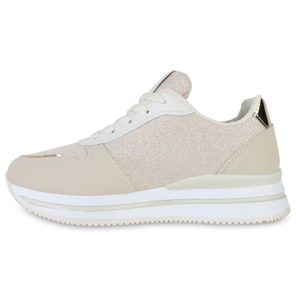 Stiefelparadies Damen Plateau Sneaker in Beige Gold Metallic Preisnachlass