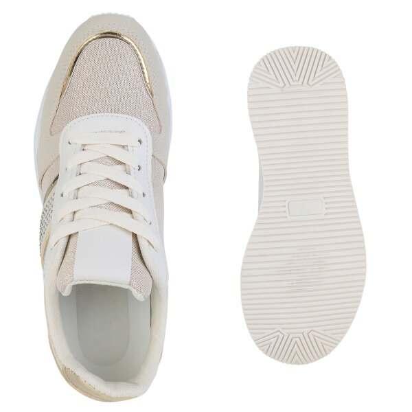 Stiefelparadies Damen Plateau Sneaker in Beige Gold Metallic Preisnachlass