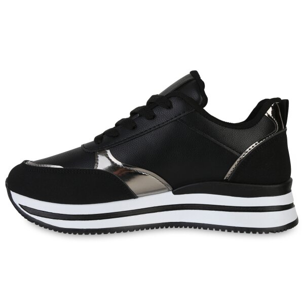 Stiefelparadies Damen Plateau Sneaker in Schwarz Silber Metallic Saisonschlussverkauf