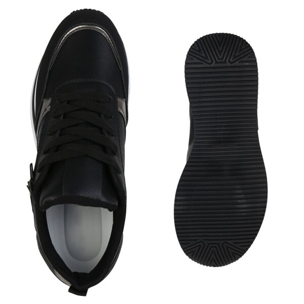Stiefelparadies Damen Plateau Sneaker in Schwarz Silber Metallic Saisonschlussverkauf